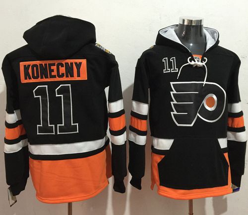 Flyers #11 Travis Konecny Black Name & Number Pullover NHL Hoodie - Click Image to Close